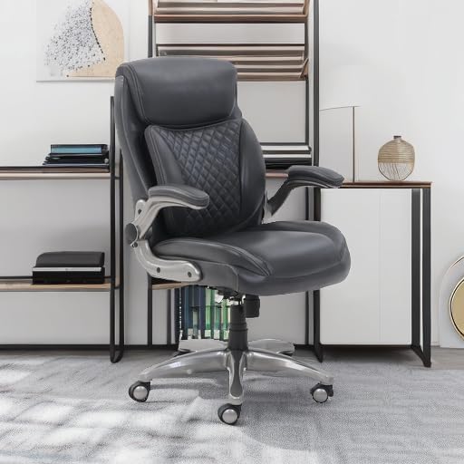 Amazon Basics Ergonomic Executive Office Chair with Adjustable Lumbar Support, Flip-up Arms, Height Adjustable, 360° Rolling Swivel, Computer Desk Chair, Grey Leather