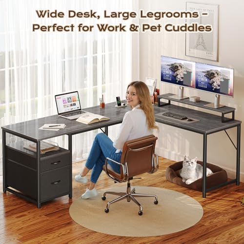 PRAISUN 63 Inch L Shaped Desk with Power Outlets and USB-C Port, Computer Corner Home Office Desk with File Fabric Drawers and Movable Monitor Stand, Larger Storage, Gaming, Writing, Work, Grey