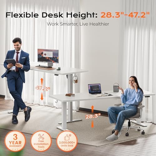 Huuger 78.7'' x 29.5'' Large Electric Standing Desk, Height Adjustable Computer Desk, 29.5" Deep Desktop, Stand up Gaming Office Desk with 2 Hooks, 3 Preset Heights, for Home Office, White