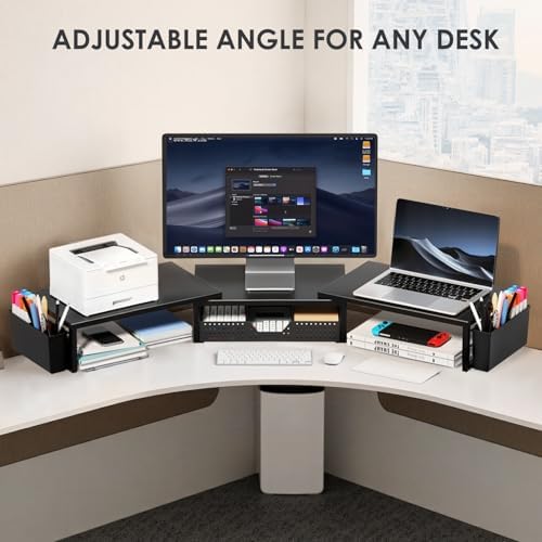 OPNICE Desk Organizers and Accessories, Dual Monitor Stand Riser with Drawer and 2 Pen Holders, Desk Shelf Computer Racks for Office Workspace Organizers, Desktop Organization (Black)