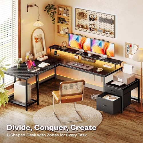 PRAISUN 66" L Shaped Gaming Desk with LED Lights & Power Outlets