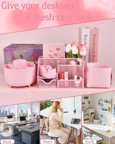 Pink Desk Accessories and Organizers with Desk Organizer and 360°Rotating Pen Holder stapler Pen and a Lot of Office Pink Office Supplies Beautifully Presented in a Gift Box