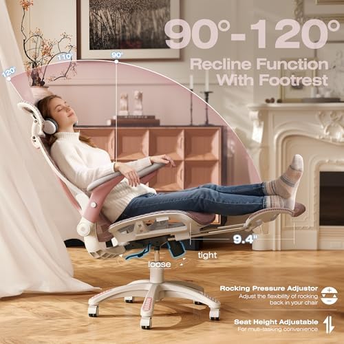 ELABEST X100 Ergonomic Mesh Office Chair with Footrest, Big and Tall Home Desk Chair with 5D Flip-Up Arms, Adjustable 3D Lumbar Support, Gaming & Executive Computer Chair (Peach Blossom)