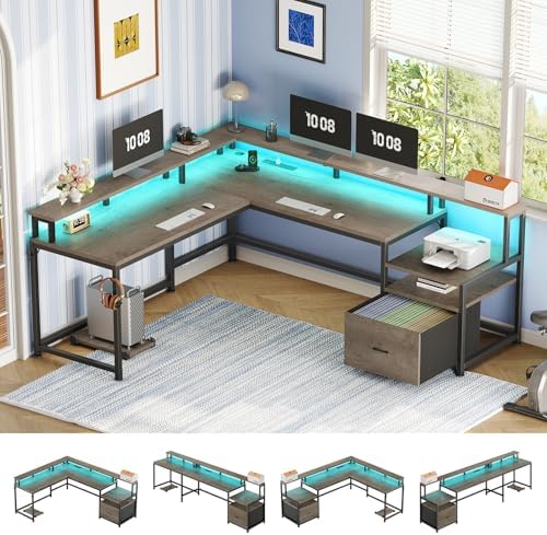 SEDETA 66" Reversible L Shaped Computer Desk with Power Outlet, File Drawer