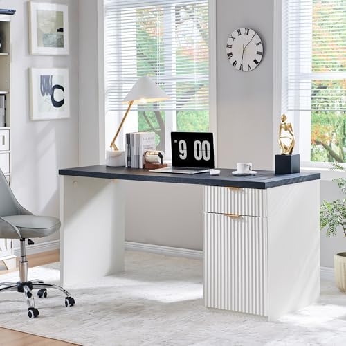 60" Fluted Home Office Desk, Reversible Left‑Right Cabinet, Built‑in Outlet