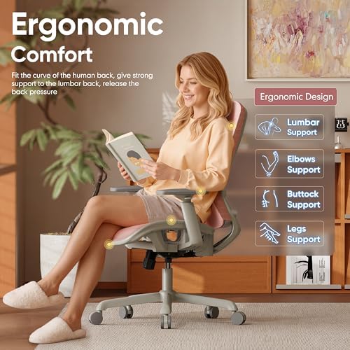 ELABEST Mesh Office Chair,Ergonomic Computer Desk Chair,Sturdy Task Chair- Adjustable Lumbar Support & Armrests,Tilt Function,Comfort Wide Seat,Swivel Home Office Chair (Pink)