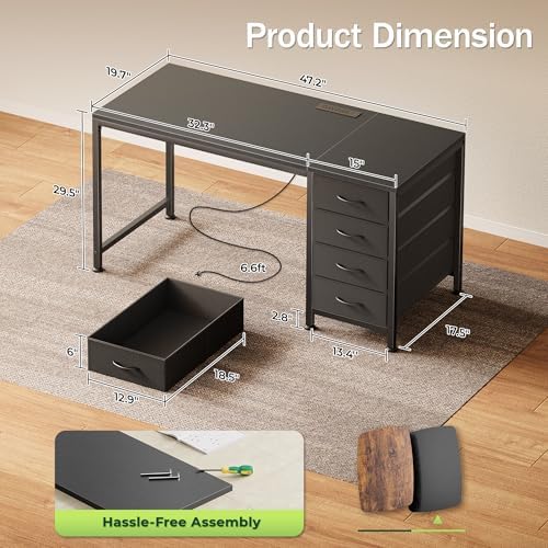 PRAISUN 47.2Inch Computer Office Desk with Power Outelts and USB-C Port, Reversible Gaming Desk with 4 Fabric Drawers, Work Study Desk Work from Home, Black
