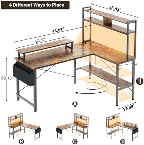 Aheaplus L Shaped Gaming Desk with Power Outlets & LED Lights, Rustic Brown