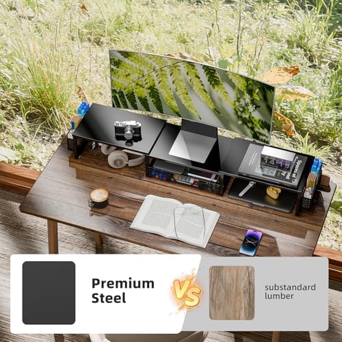 Simple Trending Dual Monitor Stand with Drawer and 2 Pen Holders, Black