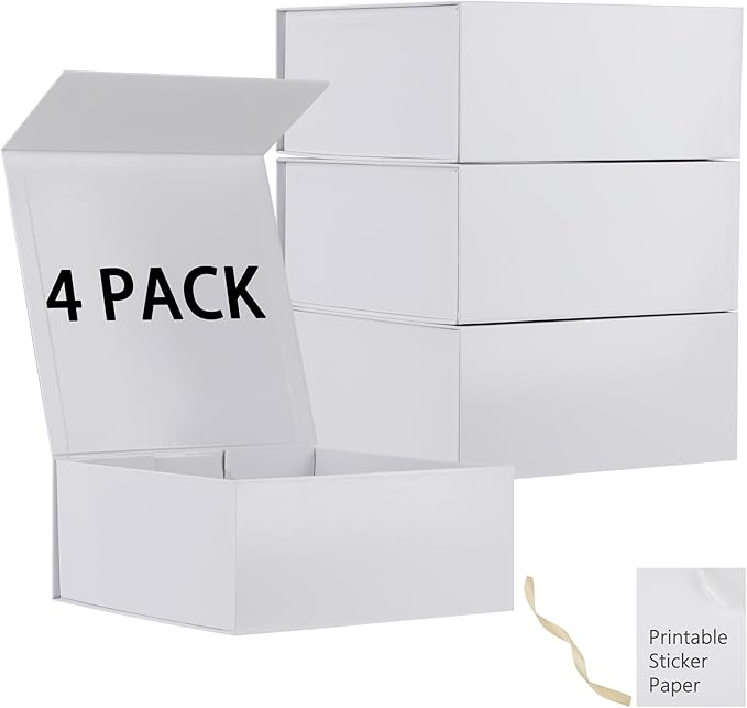 MUMUPACK 4 Pack White Gift Boxes With Lids,9x9x4 Inch Bridesmaid Proposal Box And Printable Stickers,Proposal Boxes With Ribbon For Wedding, Packaging, Present, Birthday