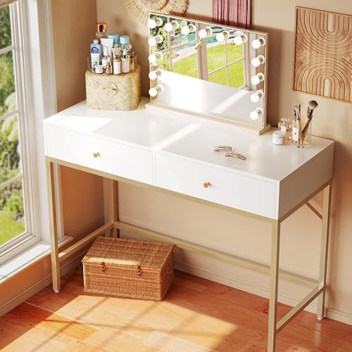 SUPERJARE 39.4" White and Gold Desk with 2 Drawers, Modern Makeup Desk
