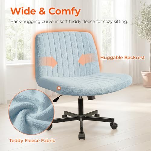Orange Factory Criss Cross Chair with Wheels, Wide Vanity Seat, Blue Teddy