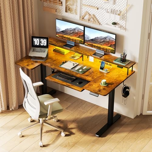 OffiGo 55 Inch U Shaped Standing Desk with Keyboard Tray, Rustic Brown