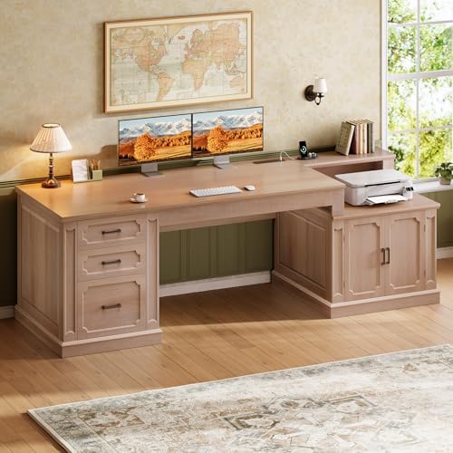 SEDETA Farmhouse 70.9" Executive Desk, Home Office Desk with File Drawers and Storage Cabinet, Computer Desk with Power Outlet for Home Office, Work Study Writing, Oak