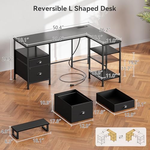 Furologee 50 Inch L Shaped Gaming Desk with Power Outlet and Drawers, Black