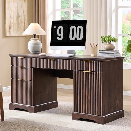 58" Modern Wood Executive Desk with 5 Drawers & 1 Cabinet, Built‑in Outlet