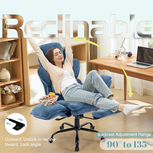 Flip Armrests Criss Cross Office Chair, Reclining Office Chair with Foot Rest, Adjustable Headrest, Massage Waist Pillow, Cross Legged Big and Tall Desk Chair Wide Seat Vanity Chair, Blue Fabric