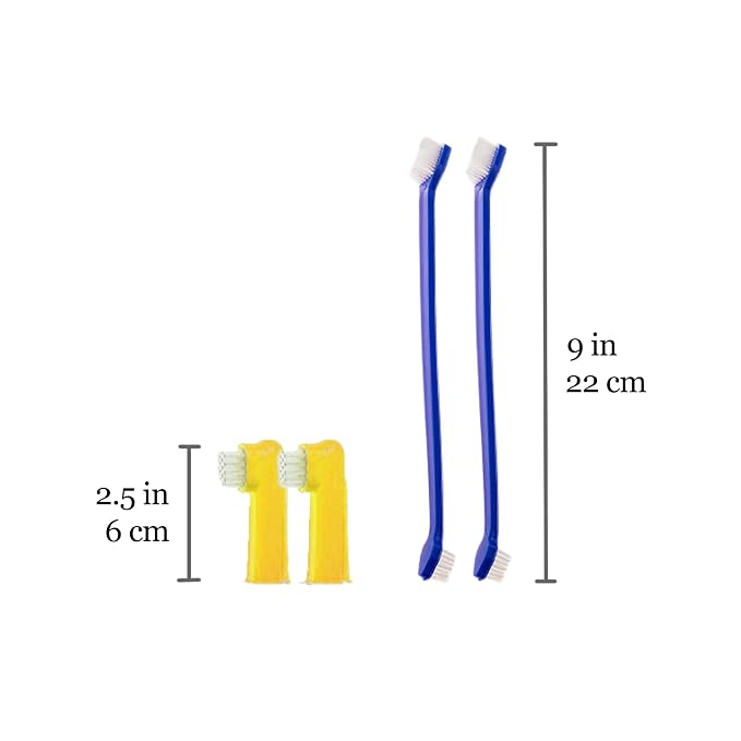 SunGrow Dog & Ferret Toothbrush Set of 4, 2 Long Dual-Headed and 2 Finger Brush, Blue and Yellow, Puppy, Cat, and Small Breed Dog, 9-Inches and 2.5-Inches