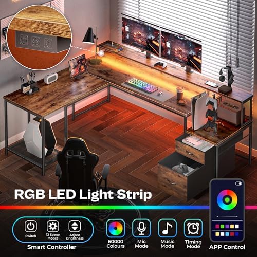 PRAISUN 66" L Shaped Gaming Desk with LED Lights & Power Outlets