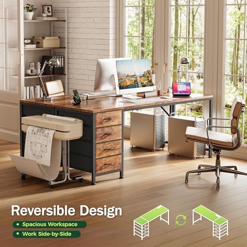 PRAISUN 63 Inch Computer Office Desk with Power Outelts and USB-C Port, Reversible Gaming Desk with 4 Fabric Drawers, Work Study Desk Work from Home, Rustic Brown