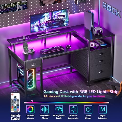 Furologee 52" Gaming Desk with 4 Drawers & LED Lights, Power Outlet, Black