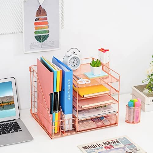 Marbrasse Rose Gold Desk Organizer with File Holder, 5-Tier Paper Letter Tray Organizer and Drawer, Mesh Desktop Storage with Magazine Holder for Office Supplies