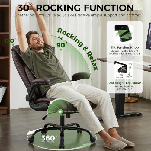 Office Chair, Ergonomic Executive Desk Chair with Lumbar Support for Lower Back Pain Relief, Padded Flip-Up Armrests, Leather Home Office Chair, Coffee