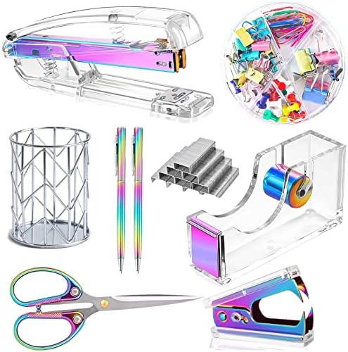 Famassi Dream Color Acrylic Stapler and Tape Dispenser Set, Office Supplies with Tape Dispenser, Stapler Remover, 2 Ballpoint Pen, Scissor, Binder Clips, Paper Clips and 1000pcs Staples