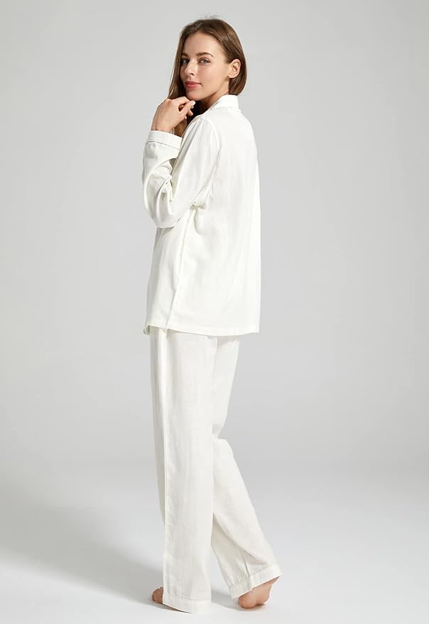 Womens Pajama Sets 100% Double Gauze Cotton Linen Like Muslin Pajamas Long Sleeve Button Down Sleepwear Soft Pjs Lounge Set