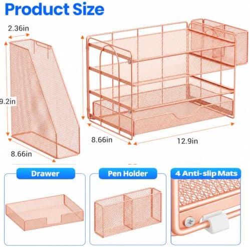 OPNICE Desk Organizers and Accessories, 4-Tier Desktop File Organizer with Drawer and Pen Holders, Office Desk Accessories Workspace Organizers for Office Supplies (Rose Gold)