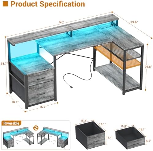 Aheaplus L Shaped Desk with File Drawer, Reversible L Shaped Gaming Desk
