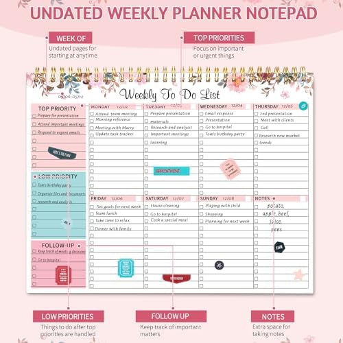 Thboxes Weekly To Do List Notepad, 8.5"x11" Desk Planner 52 Sheets, Pink