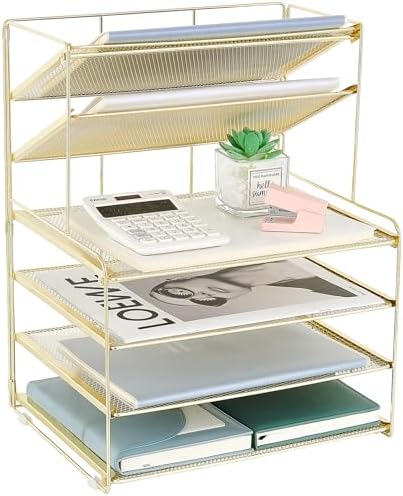 OPNICE Desk Organizer, 6-Tier Paper Organizer Letter Tray, Gold