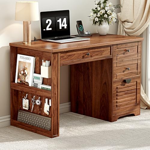 Ieejdn 47" Home Office Desks, Executive Desk, Farmhouse Computer Desk with Drawers and Charging Station, File Drawer, Storage Cabinet, Rustic Computer Writing Desk,Antique Tan