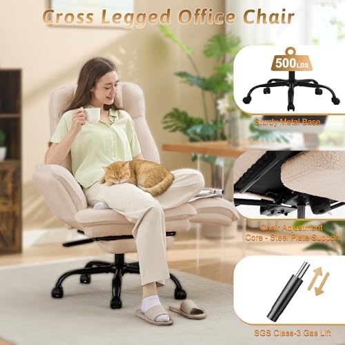 Wider Seat Office Chair with Flip Armrests for Criss Cross Legged&Cats, Big and Tall Executive Ergonomic Reclining Chair with Footrest&Lumbar Pillow, Teddy Fleece Desk Chair,Beige Vanity Chair