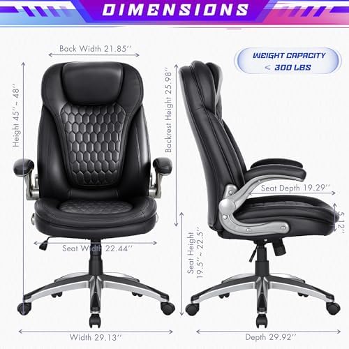 COLAMY High Back Executive Office Chair – Ergonomic PU Leather Desk Chair with Flip-Up Armrests,Height, Lumbar Support, Comfortable Computer Chair for Home Office – Black