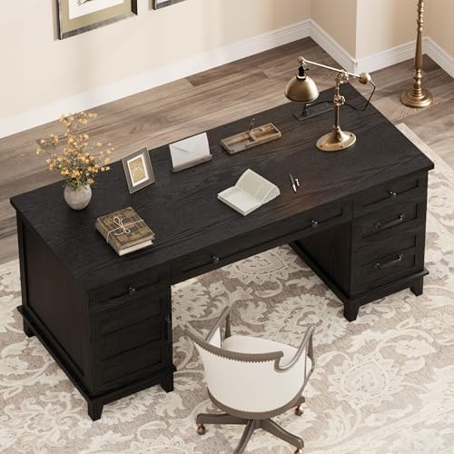 GarveeHome Farmhouse Executive Desk with File Drawers, 60 in Home Office Desk with Charging Station, Wooden Computer Desk with Cabinet Storage for Work Study Writing, Rustic Black