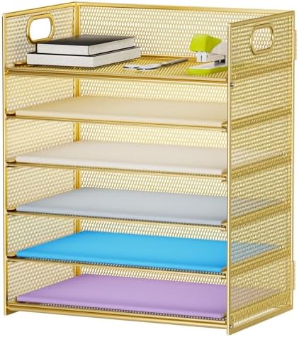 Marbrasse Paper Letter Tray Organizer - 6 Tier Mesh File Organizer with Handle, Paper Sorter Organizer for Letter/A4 Office File Folder Holder - Gold