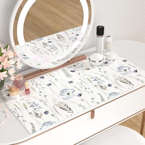 QiyI PU Leather Large Mouse Pad, Office Decor, 31.5" x 15.7", Blue Flowers