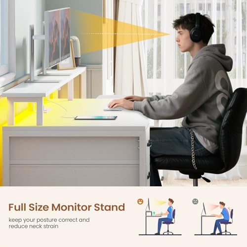 SEDETA Computer Desk with 5 Drawer, Power Outlet, Led Lights, White