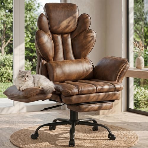 Flip Armrests Criss Cross Office Chair, Reclining Office Chair with Foot Rest, Adjustable Headrest, Massage Waist Pillow, Cross Legged Big and Tall Desk Chair Wide Seat Vanity Chair, Brown PU Leather