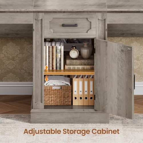 SEDETA Farmhouse 110.3" Two Person Desk with 7 Drawers, Long Computer Desk with Storage Cabinet, 2 Person Desk with Power Outlets for Home Office, Gray