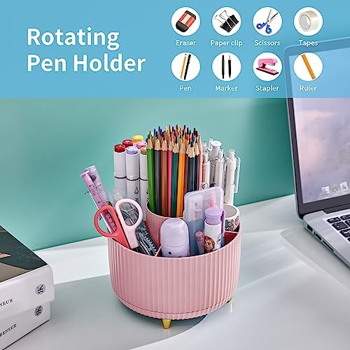 Marbrasse Desk Organizer, 360-Degree Rotating Pen Holder, Desk Organizers and Accessories with 5 Compartments Pencil Organizer, Art Supply Storage Box Caddy for Office, Home(Pink)