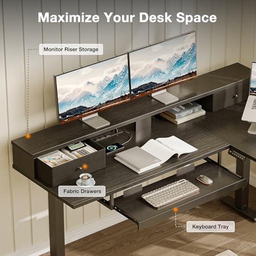 Casaottima 59" L Shaped Electric Standing Desk with Drawers, Black