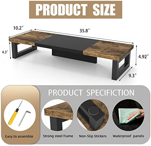 WESTREE Dual Monitor Stand Riser, Wood and Steel Multi-Purpose Desktop Storage Stand for 2 Monitors for Computer, Laptop, Printer, TV, Rustic Brown (Pack of 2)