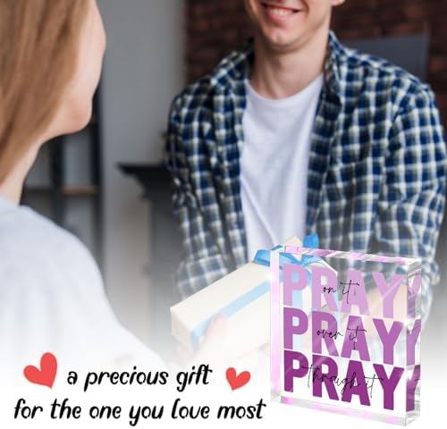 Purple Christian Gifts for Women -Religious Plaques Christian Woman Decor Gift, Modern Home Office Room Bathroom Bedroom Tabletop Shelf Desk Valentines Day Decor, Pray on it Pray through it, Baptism Gifts