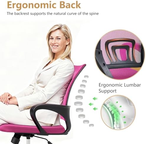 BestOffice | Ergonomic Office Chair | Mid-Back Swivel Desk Chair | Breathable Backrest & Lumbar Support | Adjustable Height | Sponge Seat | Rolling Wheels | Peach Pink | for Adults & Women