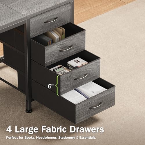 PRAISUN 63 Inch Computer Office Desk with Power Outelts and USB-C Port, Reversible Gaming Desk with 4 Fabric Drawers, Work Study Desk Work from Home, Grey