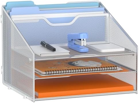 GAWERK Letter Tray Organizer, Mesh Desk File Organizer with 3 Paper Trays and 2 Vertical Upright Section (Silver)