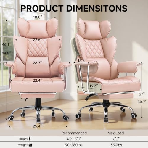 COMHOMA Big and Tall Office Chair, High Back Leather Gaming Chair with Footrest, Executive Ergonomic Office Chairs with Pocket Spring Lumbar Support and with Outward Fixed Soft Armrests